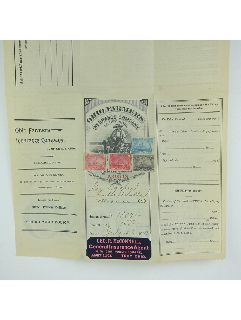 1902 Ohio Farmers Insurance Policy Le Roy Scott R162, R163, R164, R166 Tax Stamp - Picture 11 of 13